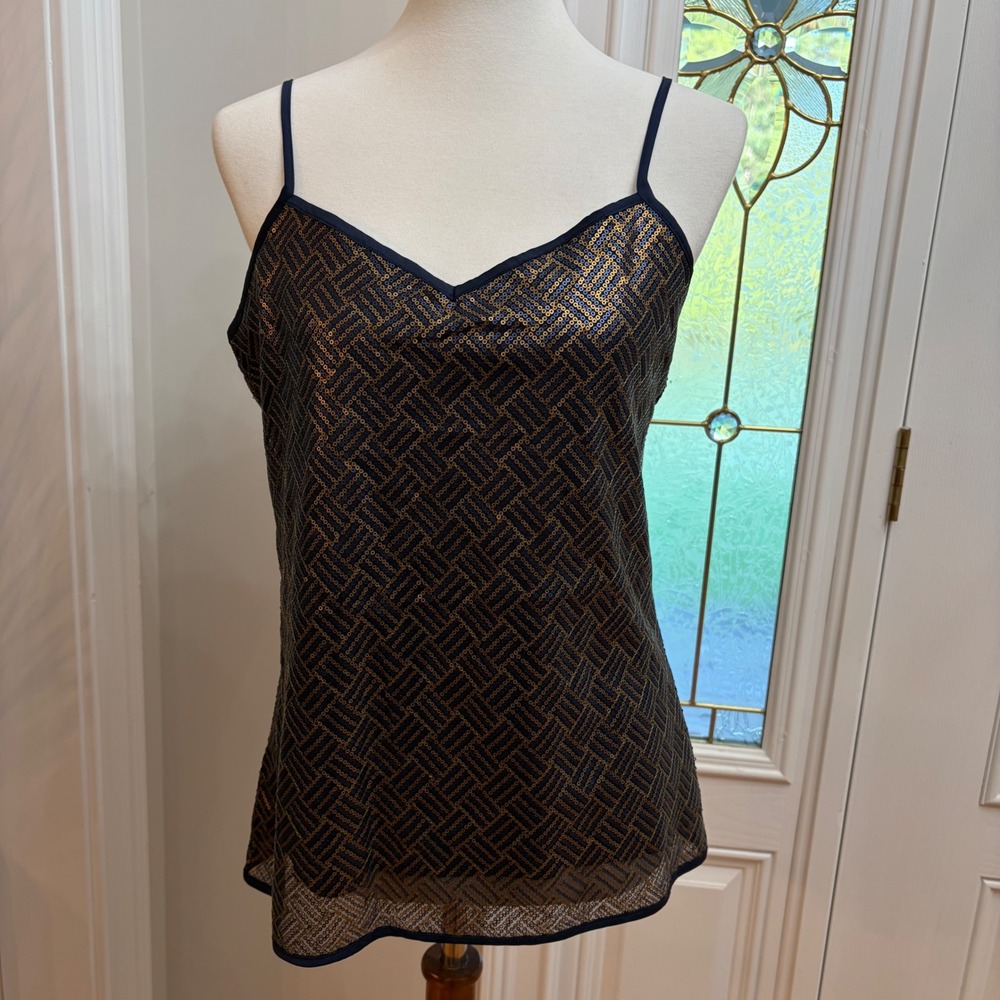 J.Crew Camisole Tank Top Navy Blue Gold Sequin Medium Evening Party Glam Chic